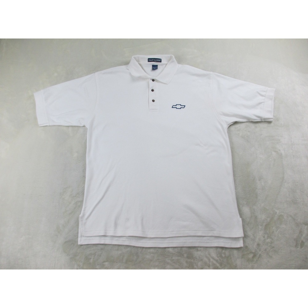 VINTAGE Swingster Polo Shirt Mens Large White Chevy Chevrolet Logo Cars*